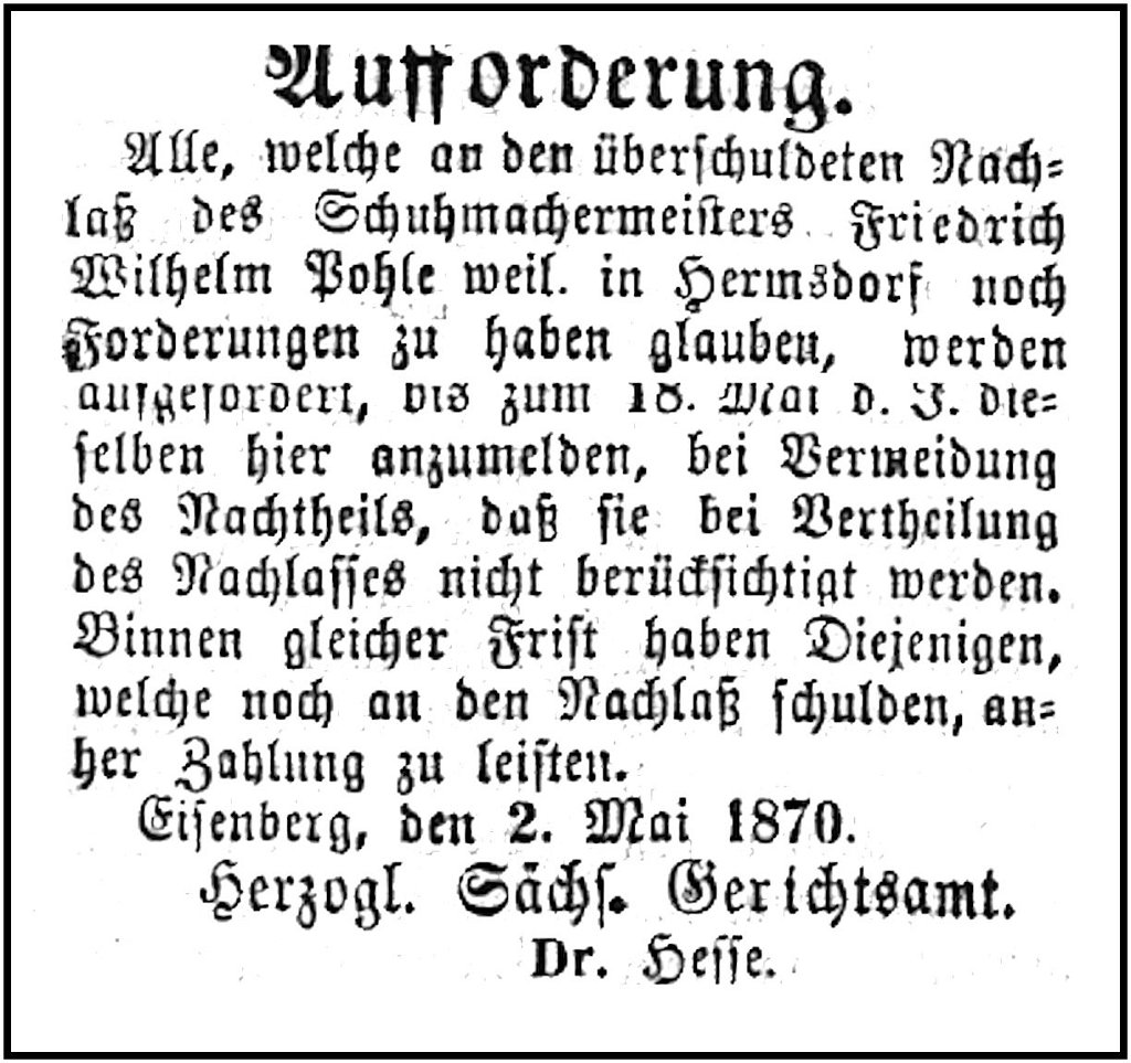 1870-05-02 Hdf Schulden Schuhmacher Pohle